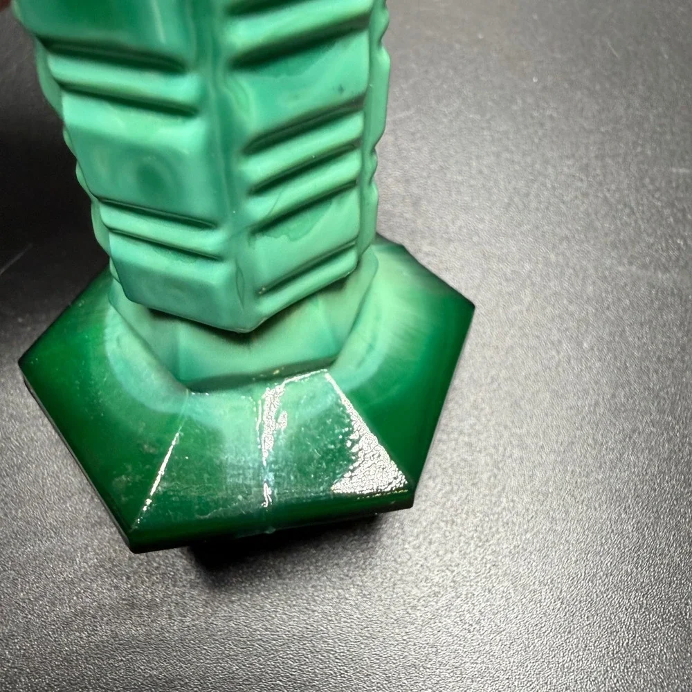 Vintage Malachite Glass Bud Vase Emerald Green Art Deco Hexagonal Tiered 4 inch